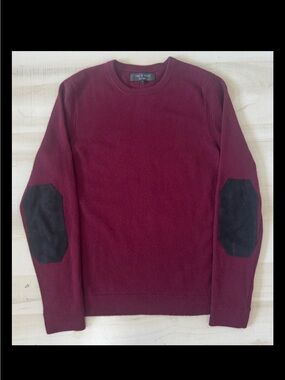 Rag & Bone Wool Sweater Leather Elbow Patches Crewneck Mens Medium Burgundy